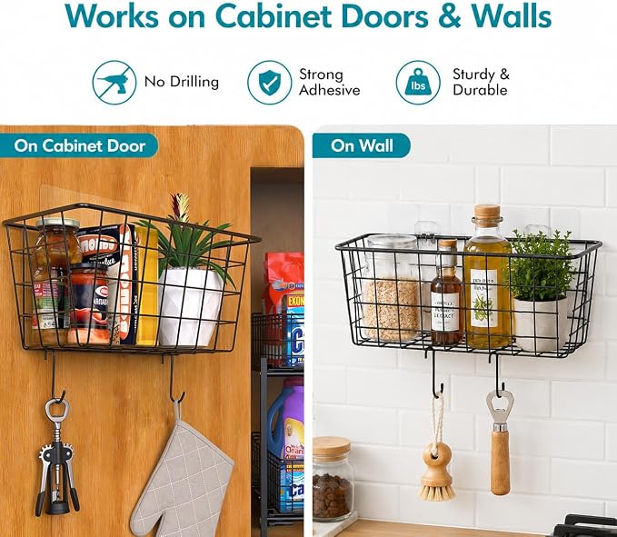 MaraFansie Hanging Kitchen Baskets, 2 Pack Wire Storage Basket Over Cabinet Door Organizer with Adhesive Hooks, No Drilling Pantry & Cabinet Organization for Kitchen Bathroom, Extra 2 Hooks, Black - Image 2