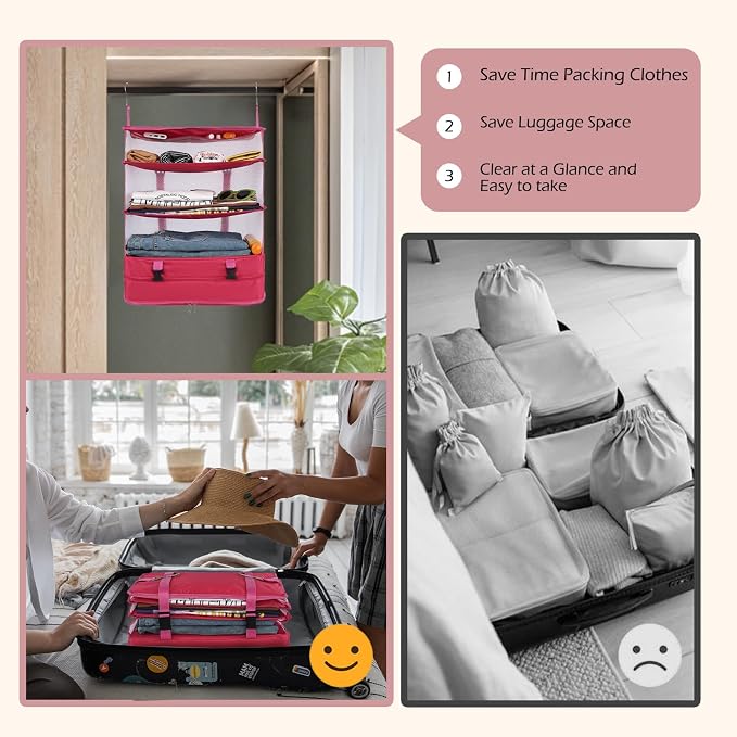 Surblue Hanging 3-Shelf Closet Organizer Pocket Collapsible Washable Oxford Fabric with 2 Hooks (XL 17.71 * 11.81 * 20in, Rose) - Image 4