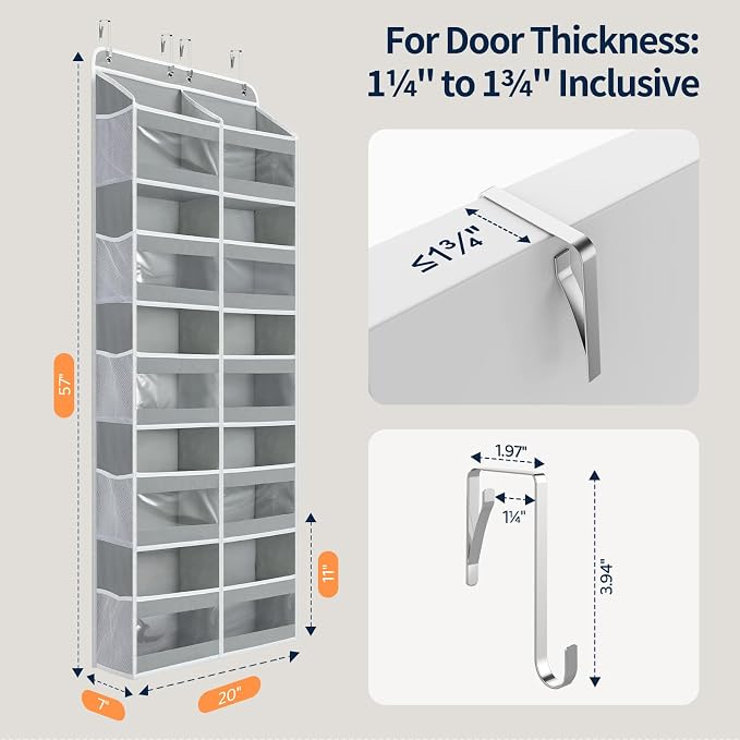 Yecaye 5-Tier Over The Door Organizer Dual-Column, 80lbs Load Over The Door Storage of 10 Compartments, Heavy Duty Door Organizer Hanging for Bedroom Closet Dorm Bathroom Pantry, Grey 1 Pack - Image 9