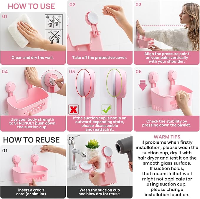 LEVERLOC Shower Caddy Suction Cup Set Shower Organizer & Soap Holder, Pink - Image 5