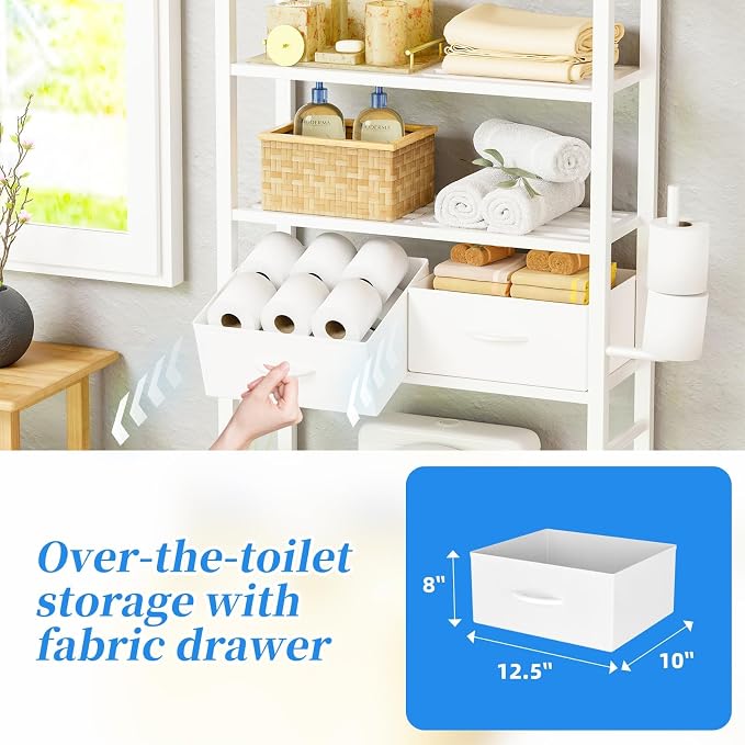 Simple Trending 4 Tier Over The Toilet Storage with Drawers, Heavy Duty Bathroom Stand Organizer Metal Shelves for Laundry, White - Image 4