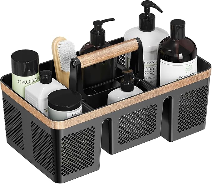 BYUNER Plastic Shower Caddy Dorm: Portable Hard Shower Basket with Handle, 4 Divided Compartments, All-Side Drainage, Bathroom & Cleaning Caddy for College Dorm Room Essentials, Black/wood grain by MakesYourHomeMoreOrganized