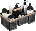 BYUNER Plastic Shower Caddy Dorm: Portable Hard Shower Basket with Handle, 4 Divided Compartments, All-Side Drainage, Bathroom & Cleaning Caddy for College Dorm Room Essentials, Black/wood grain by MakesYourHomeMoreOrganized