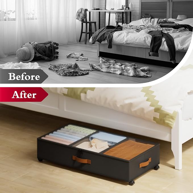 Yecaye Under Bed Storage with Wheels, 2 Pack Under Bed Storage Containers with Adjustable Dividers & Clear Window, Rolling Underbed Organizer Bins Drawers for Clothes, Shoes, Blankets, Black - Image 8