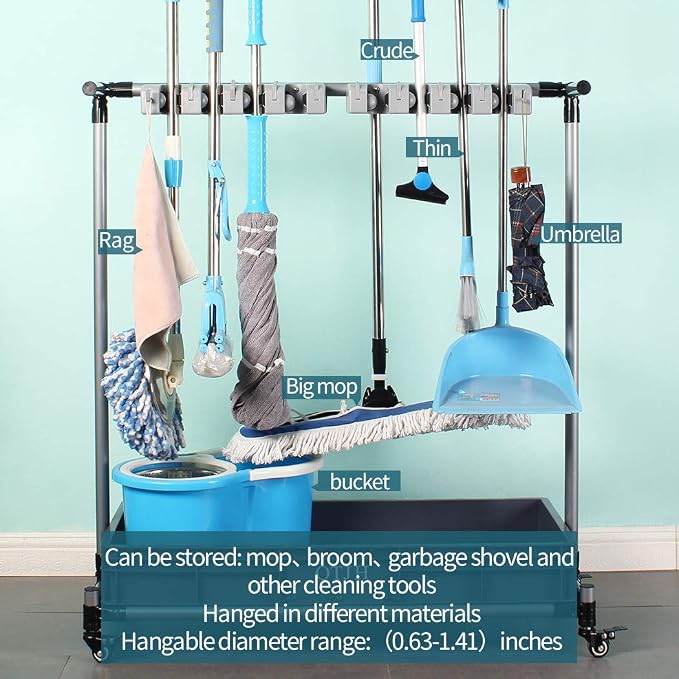 broom and mop holder put wet mops movable Commercial mop rack cleaning tool cart storage for garden garage organizer mop drain rack - Image 2