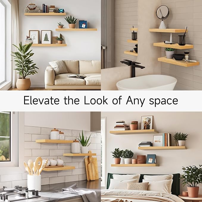 BAYKA Light Oak-Toned Floating Shelves 22.5in, Set of 3, Wall Mounted Shelf - Image 7