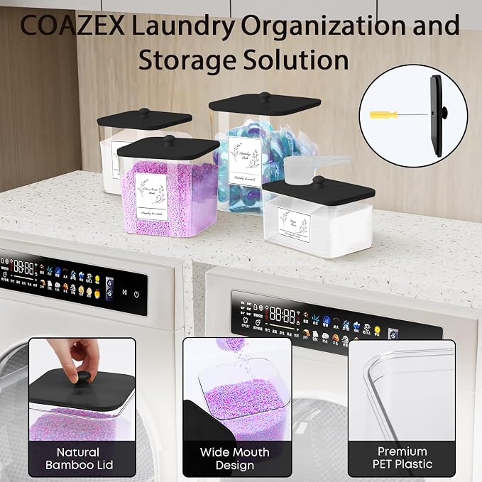 COAZEX 4 Pack Clear Laundry Pods Container & Dryer Sheet Holder,Black Lids - Image 3