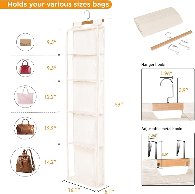 Syeeiex Over the Door Purse Organizer with Zippers, 5 Mesh Shelves, Beige - Image 3
