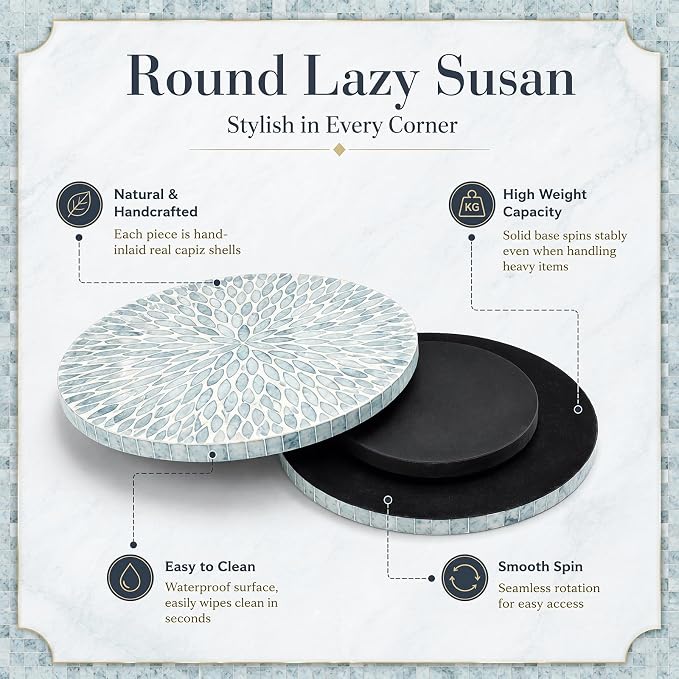 Reallnaive Mother of Pearl Lazy Susan for Table Turntable Organizer Marble Patterned Lazy Susan Wood Spinning Tray Rotating for Kitchen Cabinet Spice Pantry 12 Inch(Round,Blue Floral Petal) - Image 3