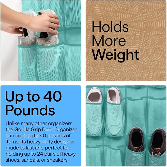 GORILLA GRIP Over the Door Shoe Organizer, 24 Large Pockets, Turquoise | Breathable Mesh Pocket, Space Saving Hanging Storage Holder, Closet Rack Hanger for Shoes, Pantry and Bathroom Accessories - Image 3