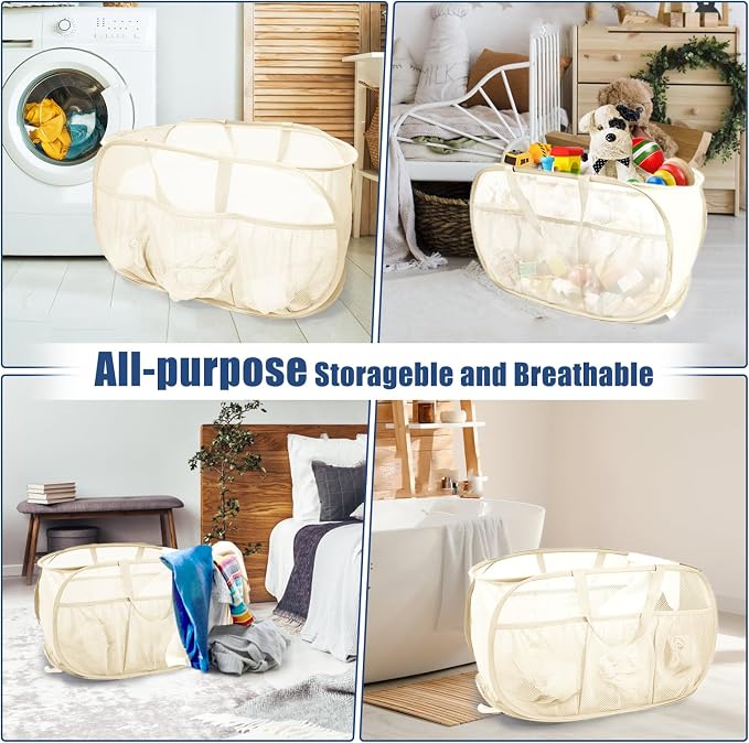 Collapsible Laundry Baskets, Upgrade Pop Up Laundry Hamper with Convenient Bags, Foldable Laundry Basket Mesh Light Weight, Easy to Carry Clothes Hampers for Laundry, Dorm, Toys, Travel Beige - Image 7