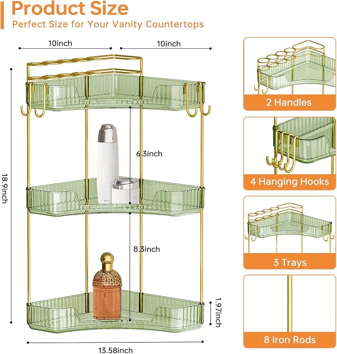 3-Tier Corner Bathroom Counter Organizer，Makeup & Skincare Shelf with Built-in Brush Holder，Space-Saving Bathroom Countertop Organizer for Skincare, Perfume, Cosmetics(Green) - Image 2