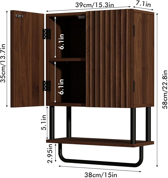 RUSTOWN Fluted Bathroom Wall Cabinet with 2 Doors, 3-Tier Medicine Cabinet - Image 2