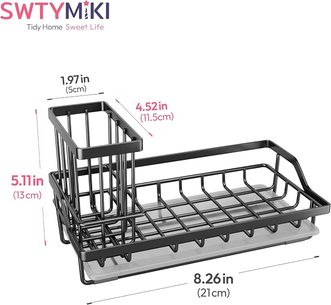 SWTYMIKI Large Sink Caddy Kitchen Sink Organizer with Detachable Brush Holder, Stainless Steel Sponge Holder with Removable Drip Tray Sponge Caddy for Kitchen Countertop, Black - Image 7