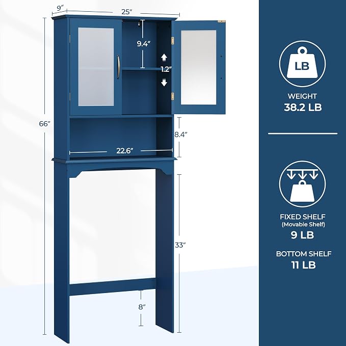 Yaheetech Over the Toilet Storage Cabinet with 2 Glass Doors, Navy Blue - Image 3