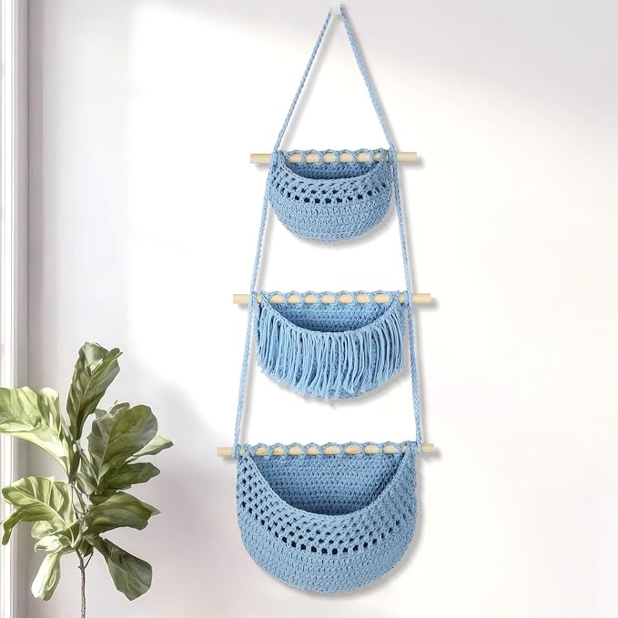Boho Style Handwoven Rope Hanging Basket - 3-Tier Detachable Storage Organizer for Kitchen/Bathroom/Entryway, 3 Included Heavy-Duty Hooks, 7 Color Options Available (Blue) by GLDFI