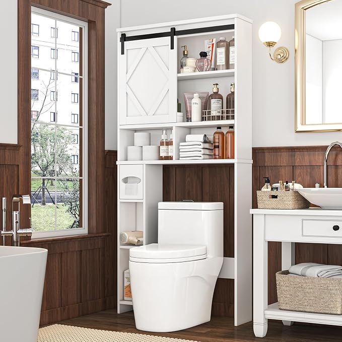 Over the Toilet Storage Cabinet with Farmhouse Sliding Barn Door, Above Toilet Organizer with Toilet Paper Holder Stand, Behind Toilet Shelf, Space Saver for Restroom, Bathroom, Laundry, White - Image 9