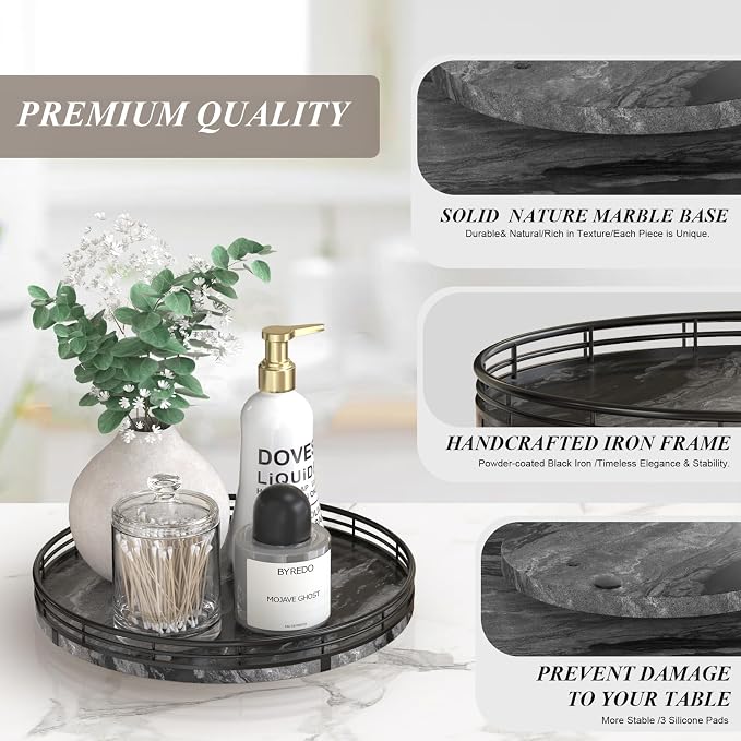 AMH 10-Inch Ancient Wood-Grain Marble Lazy Susan with Black Iron Frame - Image 7