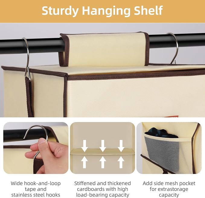 Hanging Closet Organizer 6-Shelf, Upgrade Closet Organizers and Storage with 5 Removable Drawers & 4 Side Pockets, Hanging Shelf Organizer for Closet or Garment Rack, 12.6'' x 12.6'' x 44.1'', Beige - Image 5