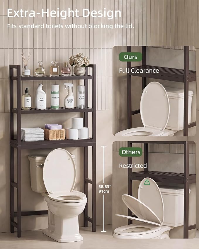 SMIBUY Bathroom Storage Shelf, Bamboo Over-The-Toilet Organizer Rack, Freestanding Toilet Space Saver with 3-Tier Adjustable Shelves (Dark Brown) - Image 5