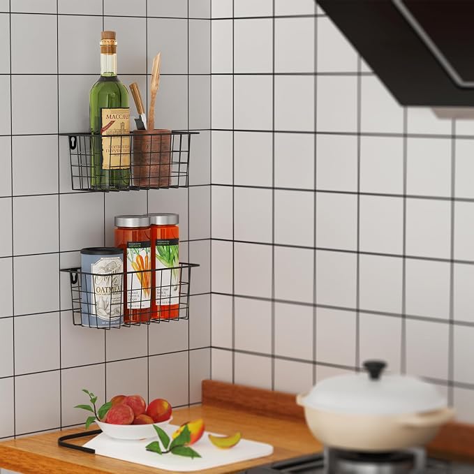 MaraFansie Hanging Wire Baskets Kitchen Storage Basket Adhesive and Screws Basket Over the Cabinet Door Organizer with Adhesive Strips and Screws Accessories, 2 Installations, 4 Pack, Black - Image 4