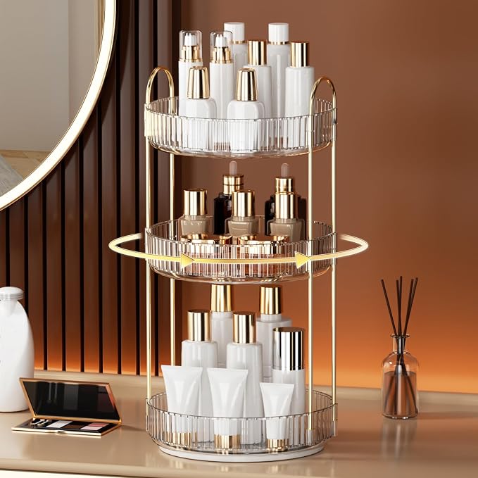 YCIA&DONE 360 Rotating Makeup Organizer and Storage for Vanity Countertop 3 Tiers, High Capacity Cosmetic Skincare Perfume Organizers for Dresser Bathroom Lazy Susan (Clear White) - Image 6
