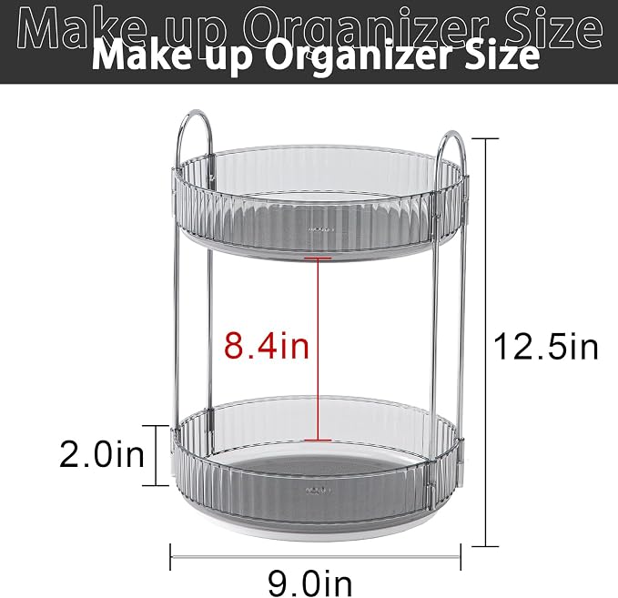 shuang qing Rotating Makeup Organizer for Vanity, High-Capacity Skincare Clear Make Up Storage Perfume Organizers Cosmetic Dresser Organizer Countertop 360 Spinning (Gray, 2 Tier) - Image 2