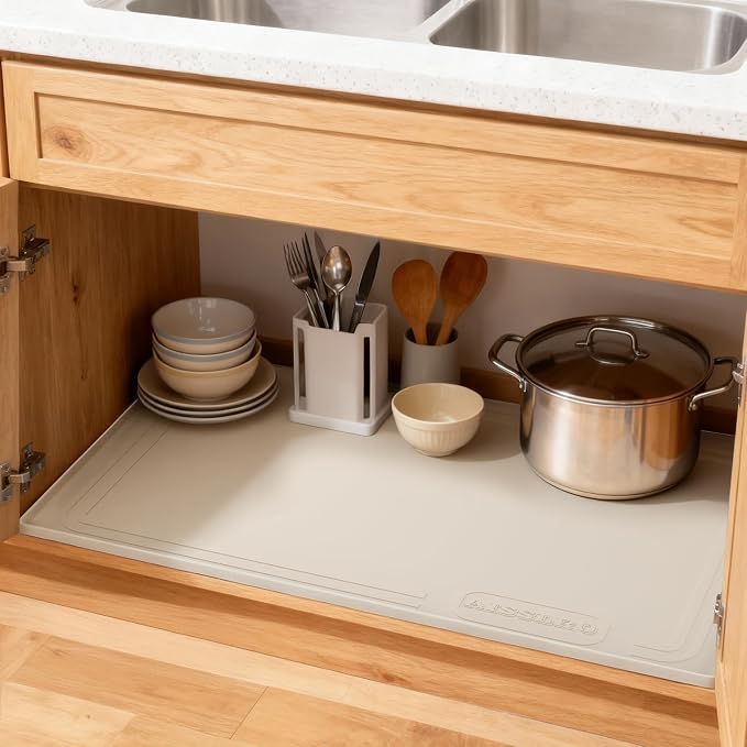 Under Sink Mat 22 X 19, Waterproof Silicone Cabinet Kitchen Liner, Beige - Image 6