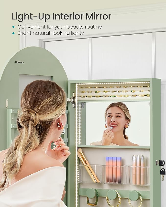 SONGMICS Wide Jewelry Organizer, Wall/Door Mounted, LED Cabinet, Lockable - Image 6