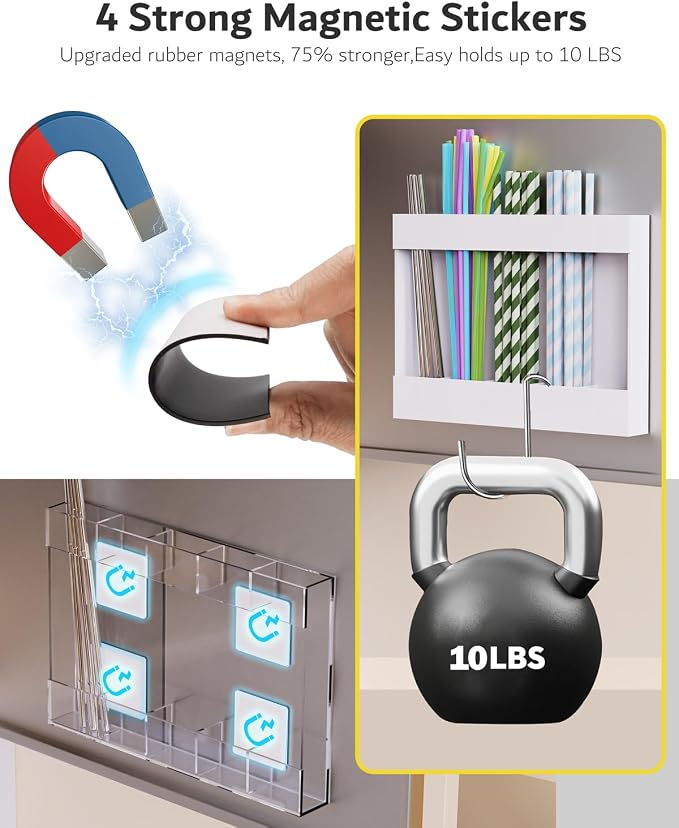 Magnetic Acrylic Straw Holder for Fridge - 5 Slot Sturdy Kitchen Organizer, Adhesive-Free Refrigerator Storage for Metal, Glass, Silicone Straws & Utensils (White-Magnetic Type-5C) - Image 3