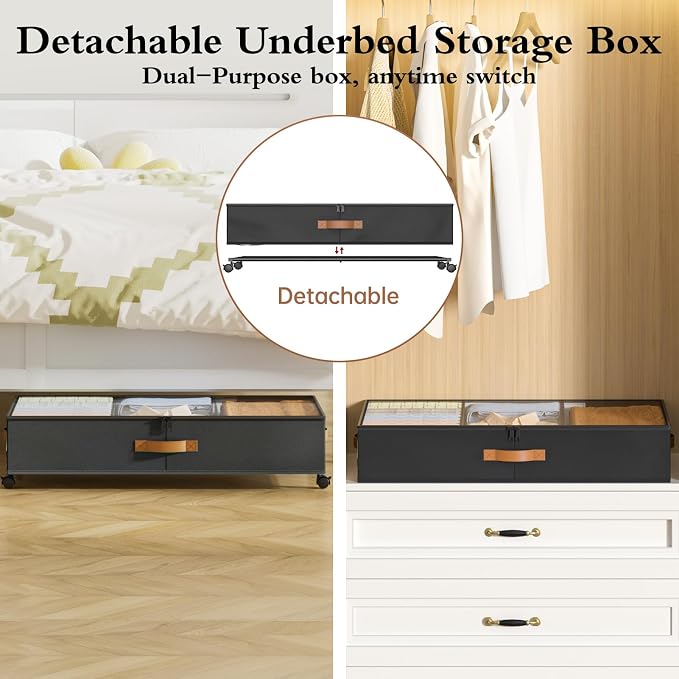Yecaye Under Bed Storage with Wheels, 2 Pack Under Bed Storage Containers with Adjustable Dividers & Clear Window, Rolling Underbed Organizer Bins Drawers for Clothes, Shoes, Blankets, Black - Image 5