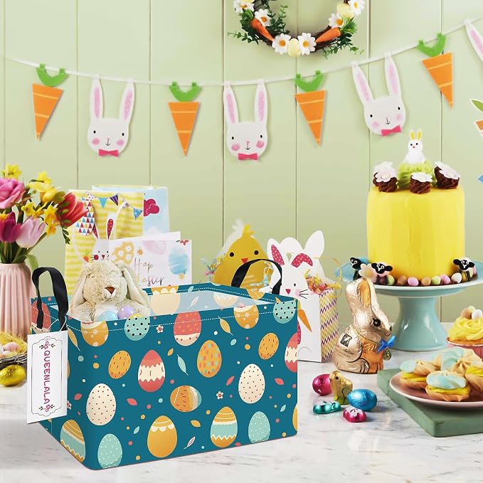 Rectangular Collapsible Laundry Basket with Side Handles, Blue Easter eggs - Image 6