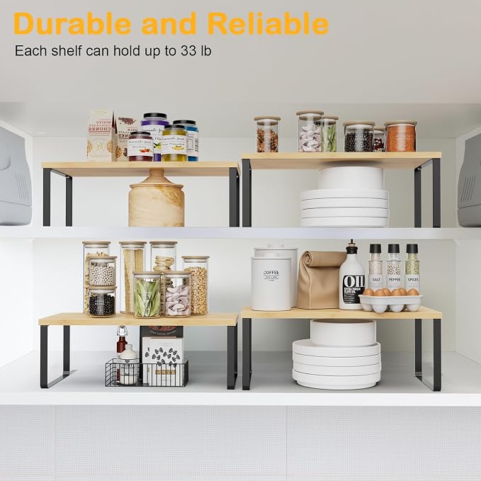 OGEMXU Cabinet Shelf Organizers, 15.7 inches Large Kitchen Counter Shelf, Set of 4 Wood Kitchen Pantry Organizer, Storage Shelves for Countertop, Spice Rack, Stackable, Expandable, Metal Black, Nature - Image 5