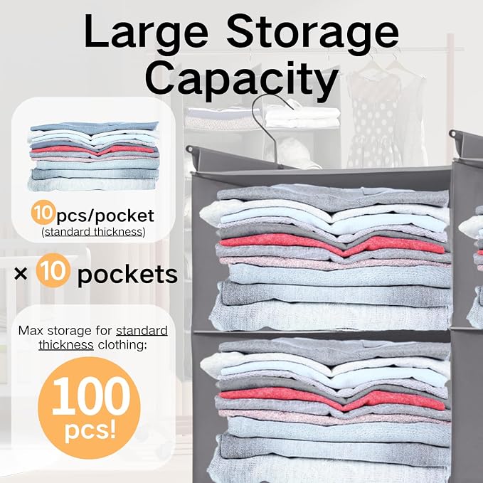5 Tier Hanging Closet Organizer, Dual Row Wardrobe Storage with Hooks, Grey | 158.3L Extra-Large Closet Storage, Strong Hooks & Thick Fabric Hold Heavy Garments, Foldable Design Saves Closet Space. - Image 6