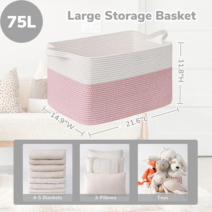 Goodpick Large Woven Rope Blanket Basket, Rectangle, White & Pink - Image 3