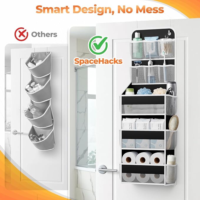 SpaceHacks 5-Tier Over the Door Organizer with Mesh Pockets, Baby Nursery Storage for Closet, Bathroom and Bedroom, Adjustable Hanging Closet Organizer for Cosmetics, Books and Essentials (Black) - Image 4