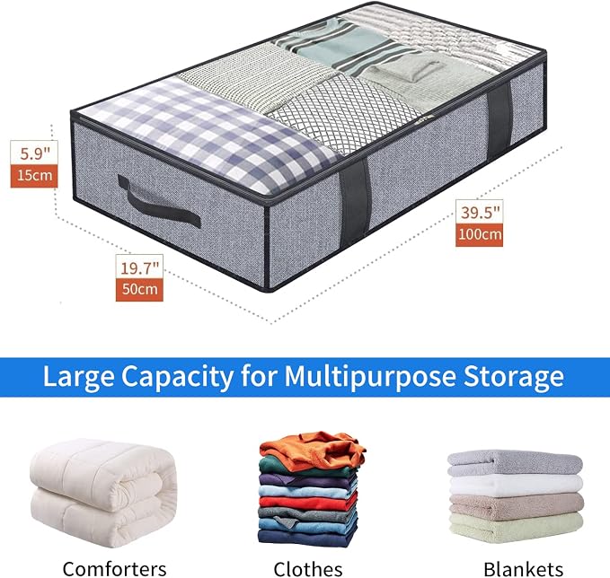 Onlyeasy Foldable Underbed Bags 2 Pack - Blankets Clothes Comforters Storage Bag Breathable Zippered Organizer for Bedroom with Clear Window and 4 Handles, 39.4x19.7x5.9 in, Linen-like Grey, MXDUBBP2 - Image 2