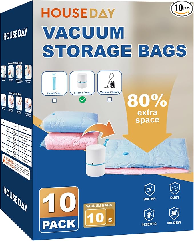 HOUSE DAY 10 Small Vacuum Seal Bags For Clothing Travel, 80% Space Saving Travel Vacuum Bags with Electric Pump, Vacuum Storage Bags For Clothes, Bedding, Moving, Camping, Toys, Storage & Organization by HOUSEDAY