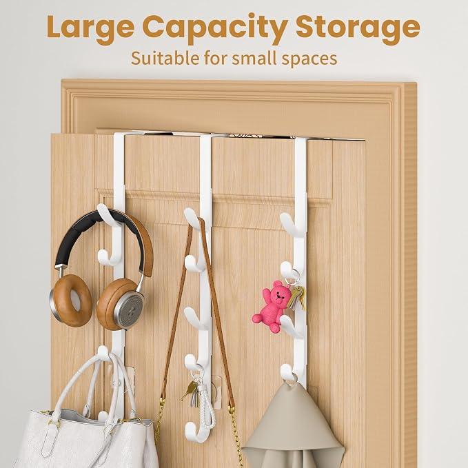 Kaiferty Over the Door Hooks, Metal Door Hooks for Hanging, Over the Door Purse Organizer for Coat Hanger, Back of Shower Door for Hanging Towel Rack Clothes, Hat, Bathroom, Closet (White-3Packs) - Image 3