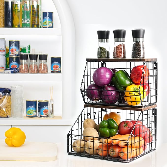 Mefirt Fruit Basket, Stackable Wall Mounted Fruit Baskets, Potato Baskets Onion Storage for Kitchen, Hanging Wire Basket with Wood Lid, 2-Tier Vegetable Organizer Kitchen Countertop Organization - Image 6