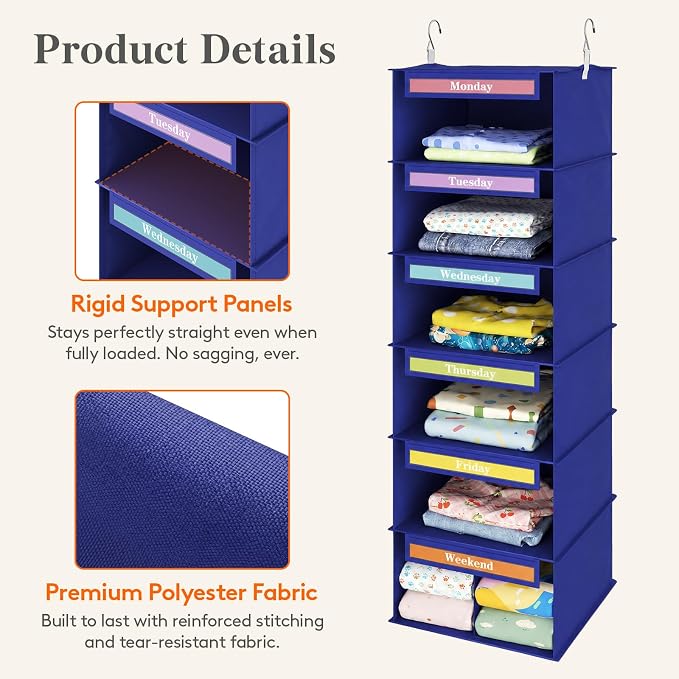 Lifewit 6 Shelf Weekly Hanging Clothes Storage Organizer for Kids, Blue - Image 2