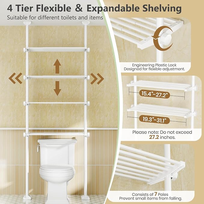 Over The Toilet Storage Shelf No Drill 4-Tier Adjustable Bathroom Organizer - Image 4