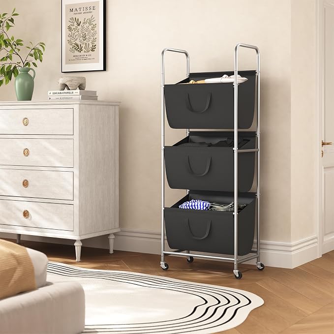 ELYKEN 3-Tier Vertical Rolling Laundry Hamper with Wheels & Removable Bags - Image 2