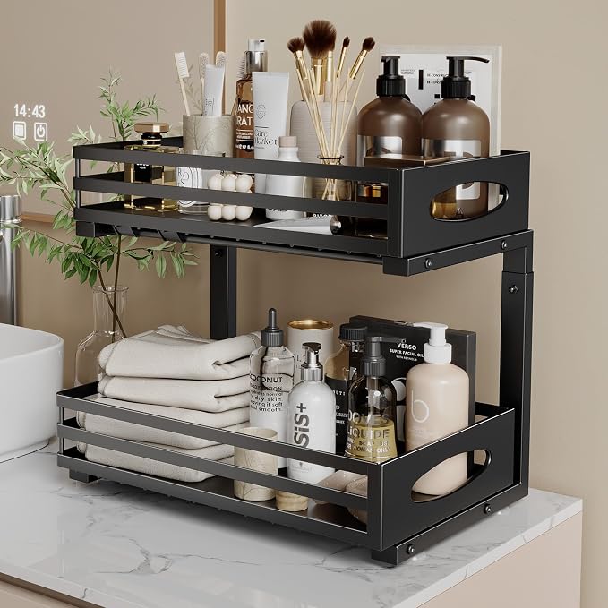 Under Sink Organizer, 2 Tier Under Sink Organizers and Storage, Adjustable Height, Slide out Metal Cabinet Organizers, Pull out Cabinet Storage Drawer Shelf for Kitchen Bathroom (Black, 1 Pack) - Image 8