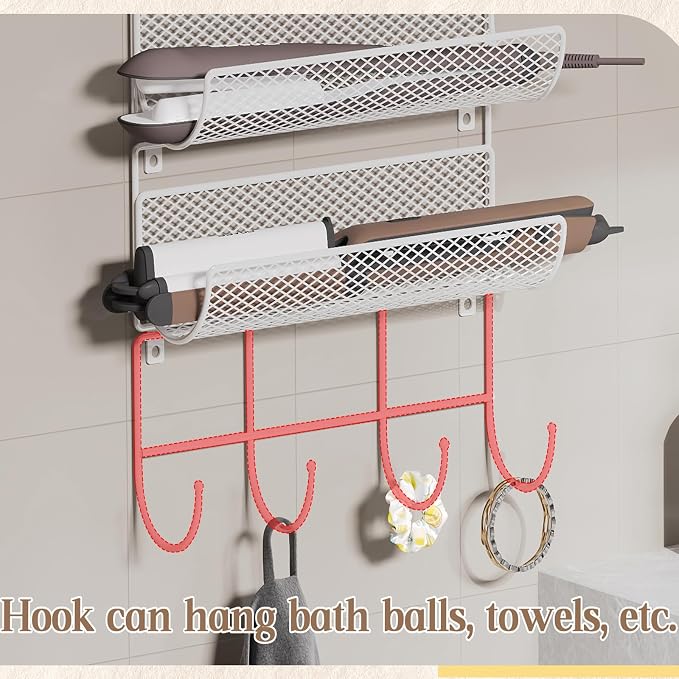 Wall-Mounted Hair Dryer Holder Styling Tool Organizer 4-Shelf Storage Wire Basket with Hook Heat Safe Rack for Hair-Straighteners,Curling Wands,Flat Iron,Cabinet Door Bathroom Kitchen White - Image 9