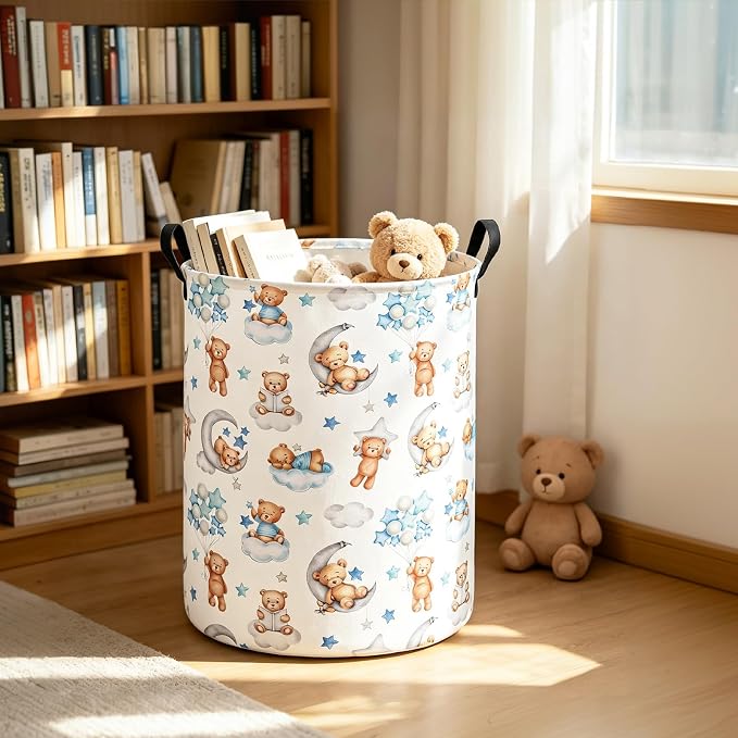 Round Bear Pattern Laundry Hamper, Cotton Canvas Storage Bin - Image 8