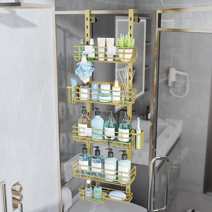 Consumest Over The Door Shower Caddy - 5 Tier Adjustable Shower Organizer Hanging with 2 Toothbrush Holders & 4 Hooks, Rustproof Organizer Shelf, Storage Rack for Bathroom, Gold - Image 4