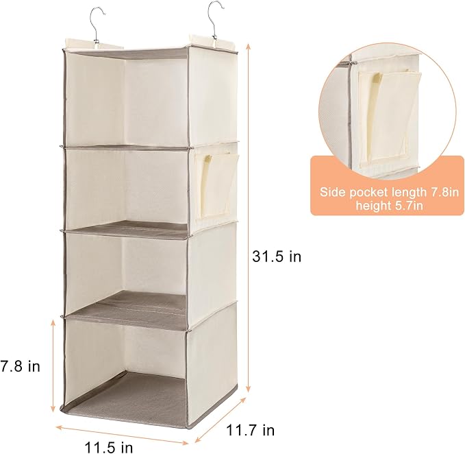 Hanging Closet Organizer and Shelves,4 Shelves with 1 Side Pockets (Beige) | Foldable, Grey Fabric, Modern Style, for Bedroom and Dorm Room - Image 3