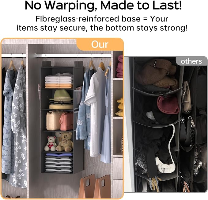 Deep Hanging Closet Organizers and Storage, Closet Hanging Storage Shelves with 5 Shelves and 4 Mesh Pockets, Heavy-Duty Closet Organizer for Clothes, Hats, and RVs and Dorm Essential,1-Pack, Grey - Image 5