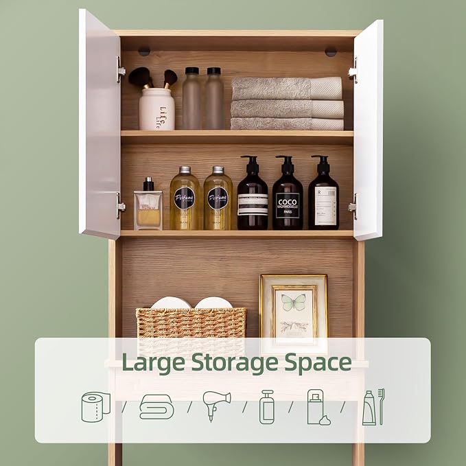 70"H Over The Toilet Cabinet with Asymmetrical Doors, Natural &White - Image 3